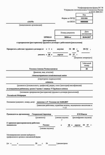 образец приказа с ссылкой на п. 3 ч. 1 ст. 77 ТК РФ